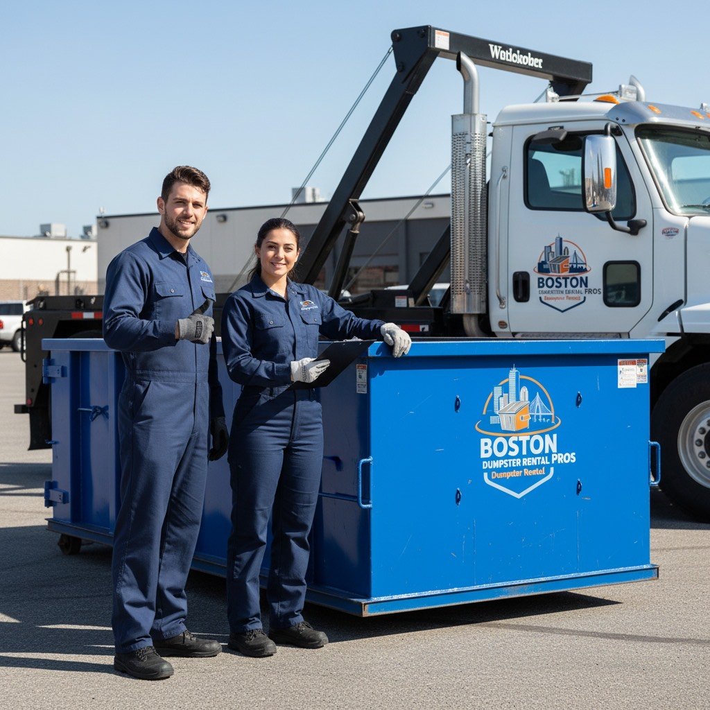 Boston Dumpster Rental Pros team standing by a dumpster
